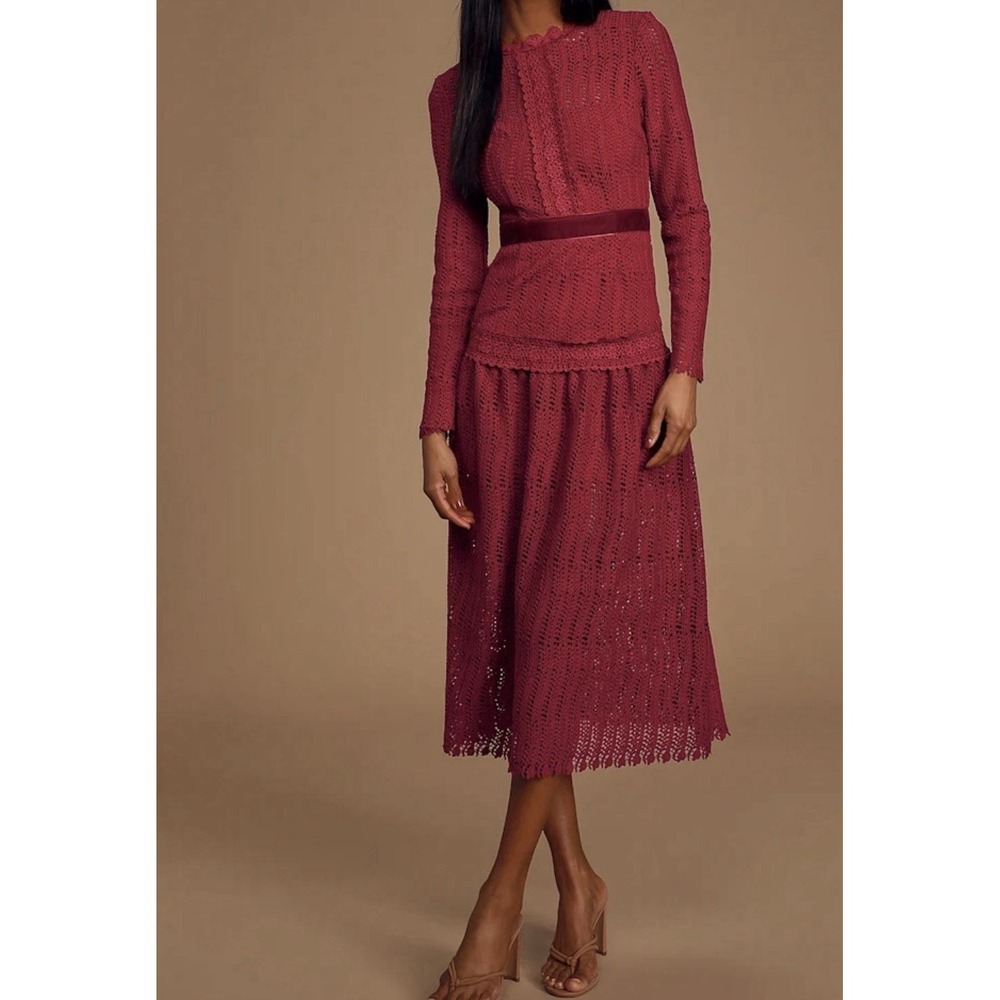 Lulus Burgundy Lace A-Line Midi Dress Long Sleeve Round Neck Lined Size L